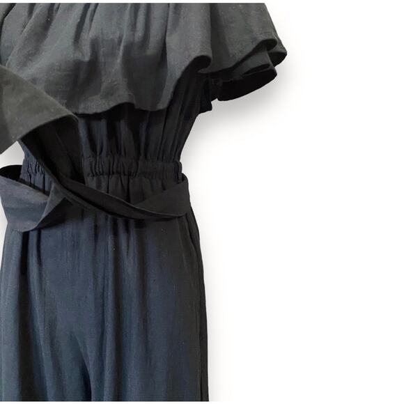 Faithfull The Brand Wide Leg Jumpsuit Sz US 4 Black Linen Ankle On Off Shoulder - Picture 7 of 15